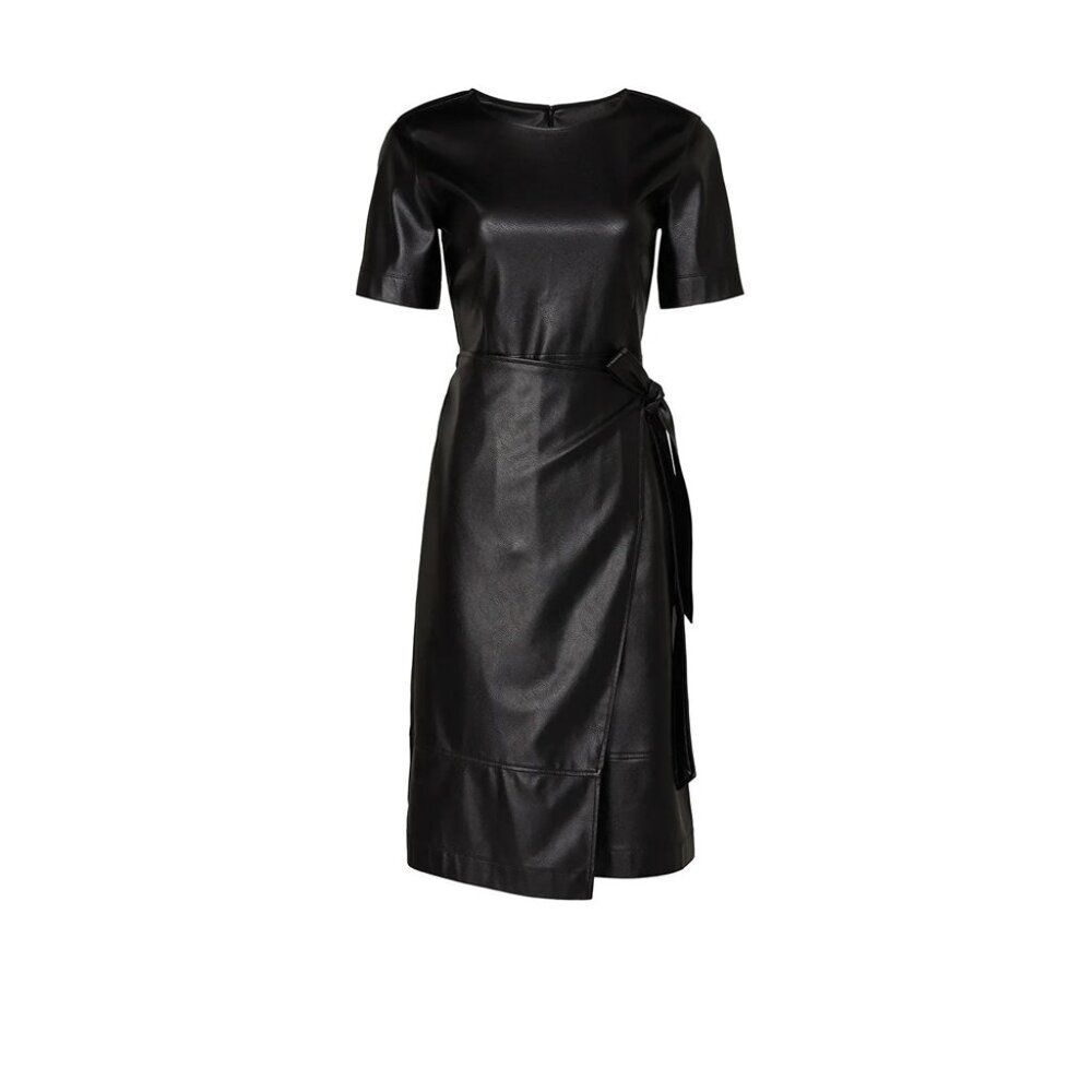 Natori Faux Leather Apron Dress Black Size 14 Polyurethane Midi Zip Back